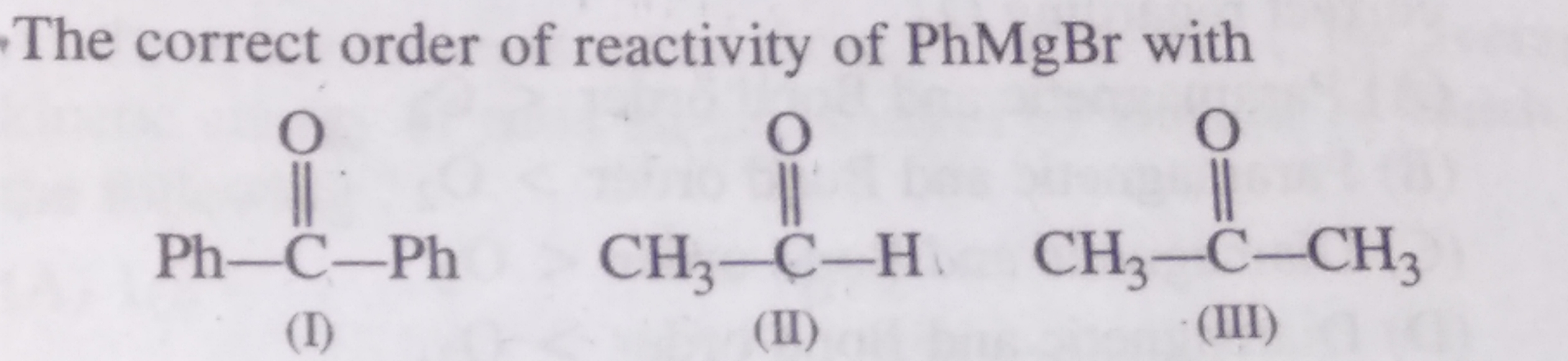 Question image for Find the correct order of reactivity of PhMgBr wi